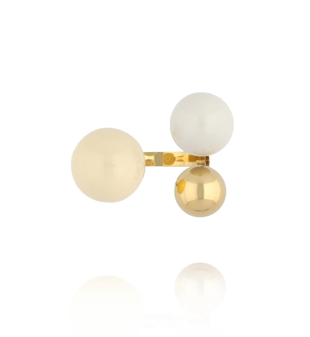 Steel and Shine Enamel Cream & White with Gold Balls Ring