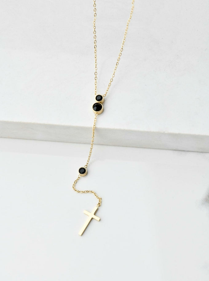 14k Gold Plated Y Necklace with Black Crystals and Cross