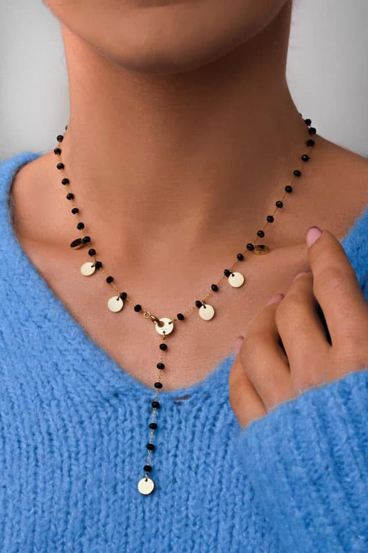 Gold Plated Y Necklace with Discs and Black Crystals