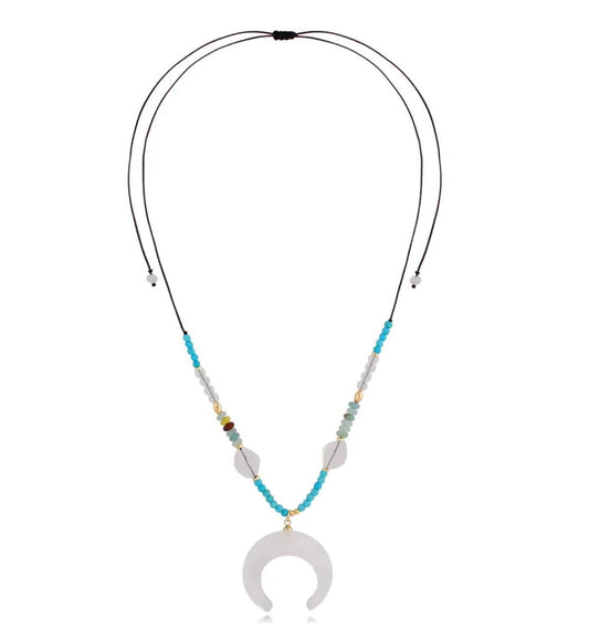 Aqua Howlite Stones Rope Necklace with Stone Moon