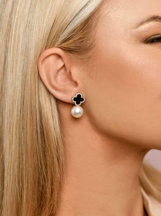 14k Gold Plated Black Clover Studs with Gray Pearl