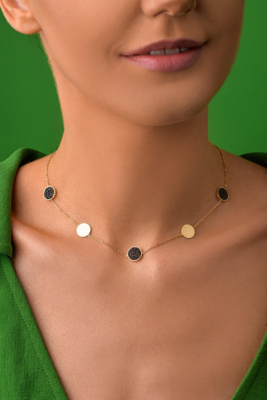 14k Gold Plated Chain Necklace with Black Crystal Circles