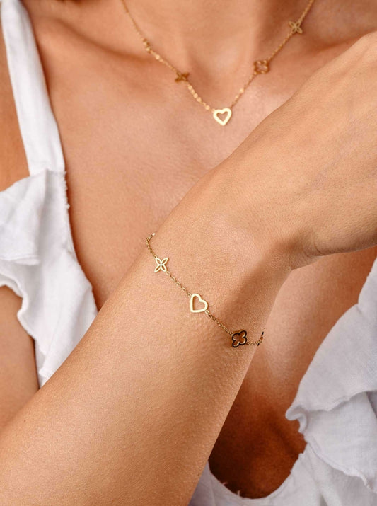 Gold Plated Celebrity Bracelet with Clovers, Heart and Lily Flowers