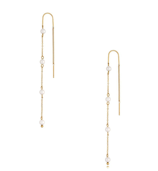 Gold Plated Threader Earrings with White Pearls