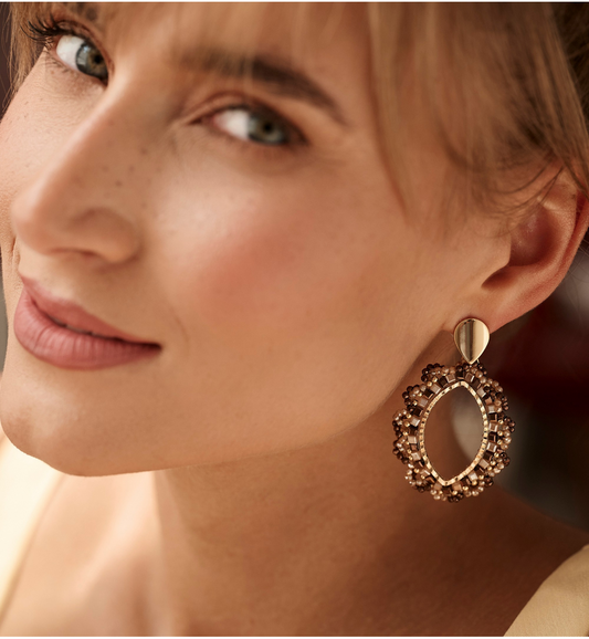Chocolate Brown and Gold Beige Flower Crystal Earrings