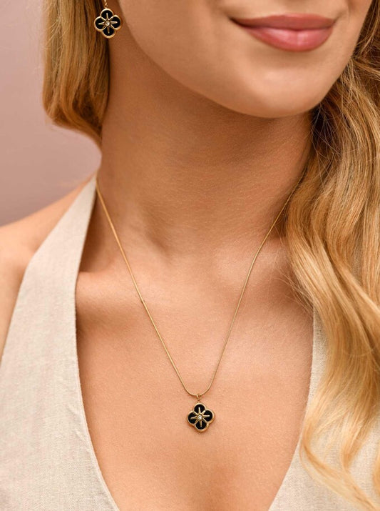 14k Gold Plated Black Enamel Clover Necklace