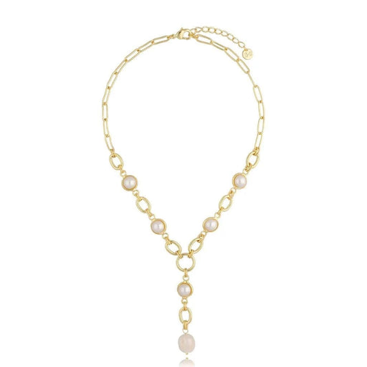 Gold Paperclip Lariat Necklace with Pearls Basic