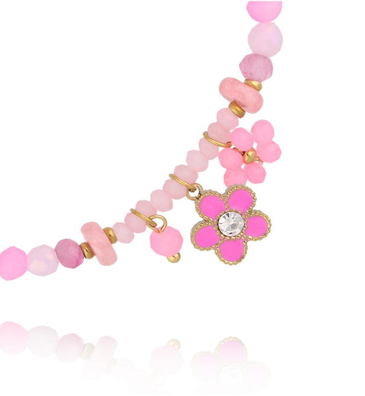 Barbie Pink Jadeite and Glass Crystals Bracelet with Flower Pendants