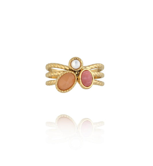 Gold Plated Adjustable Ring with Sun Stone and Seashell 0084