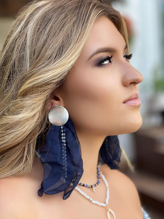 Navy with Silver Finishing Silk Blossom Earrings