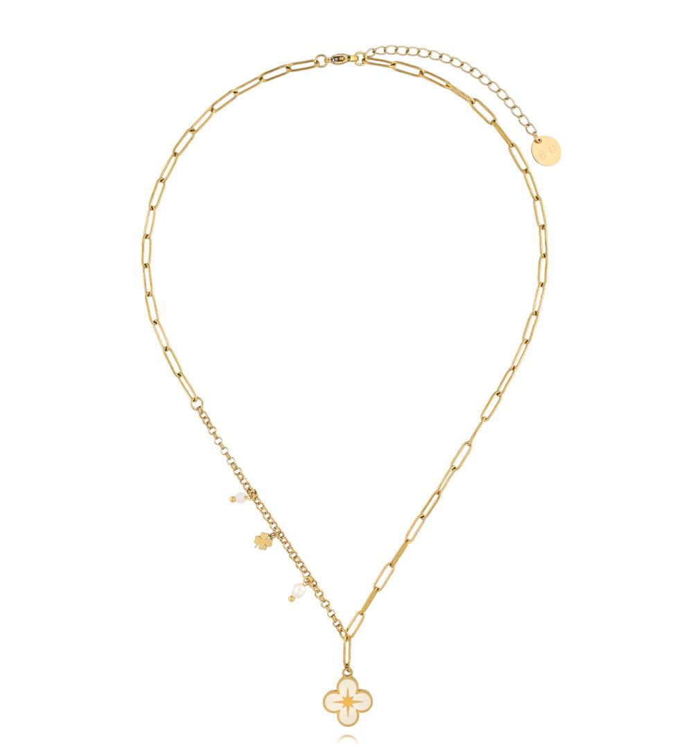 Gold Plated Paperclip Chain Necklace with White Clover Magia di Trifoglio