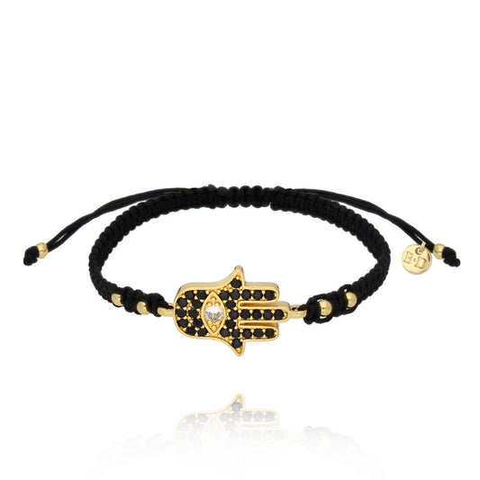 Black Rope Adjustable Bracelet with Hasma Hand Pendant