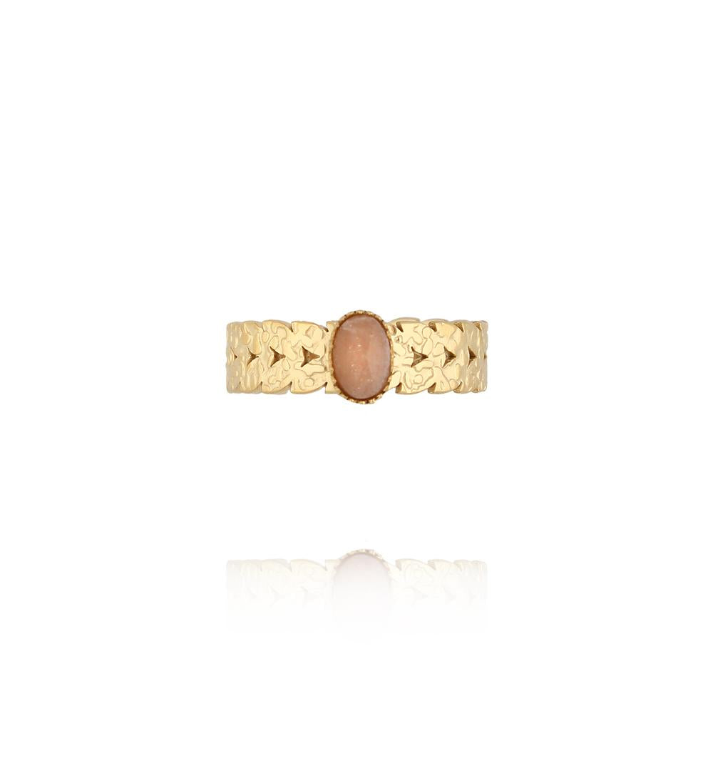 Gold Plated Cuff Adjustable Ring with Rhodonite Stone 0083