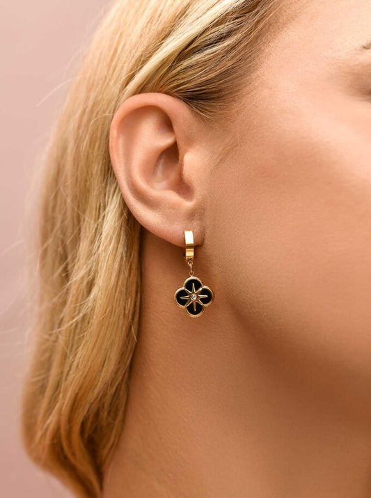 14k Gold Plated Black Enamel Clover Hoop Earrings