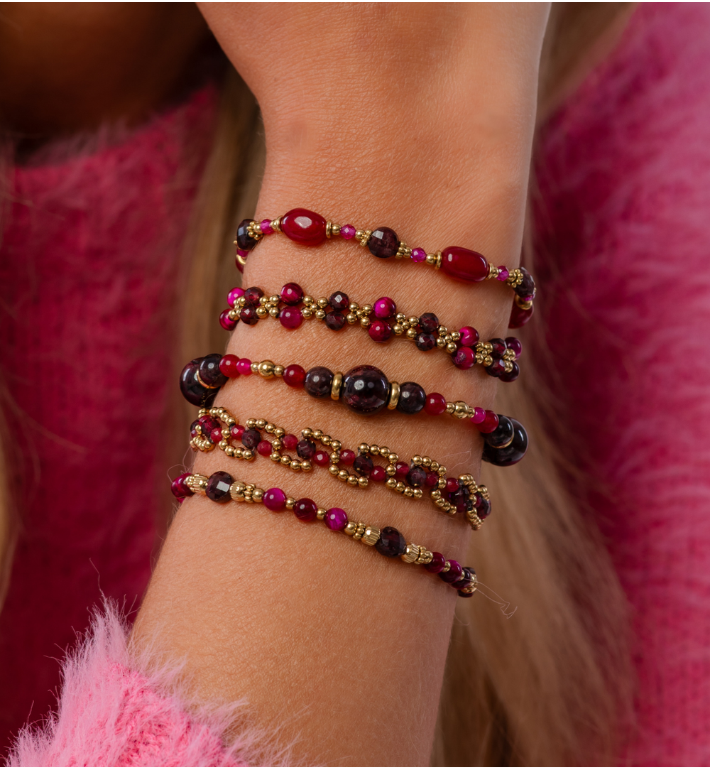 Gold Plated Burgundy and Pomegranate Stones Double Bracelet 2225