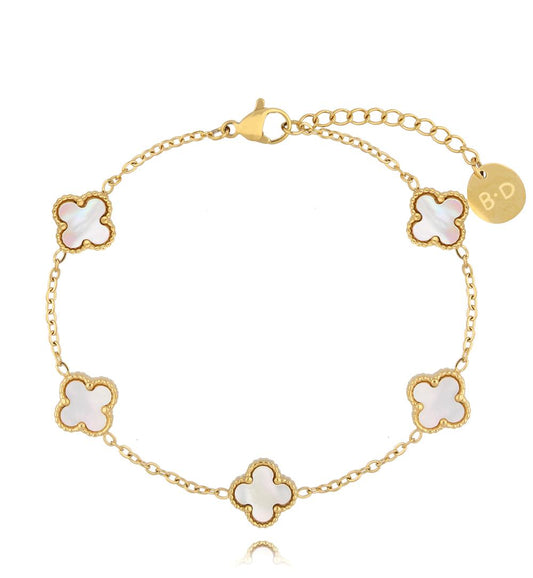 Gold Plated Bracelet with Small White Pearl Clovers