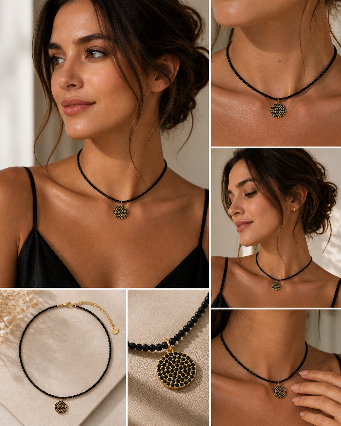 Black Tourmaline Stones necklace with Round Crystal Pendant 4446