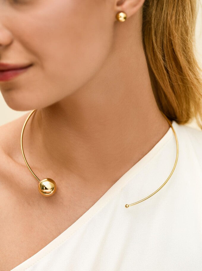 14k Gold Plated Open Cuff Necklace with Large and Small Balls