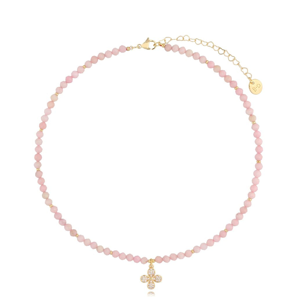 Pink Opal Stones Necklace with Zircon Clover