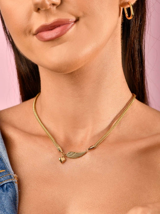 14k Gold Plated Wing & Heart Chain Necklace