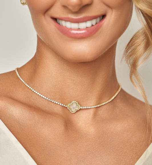 Crystals Necklace with White Enamel Clover