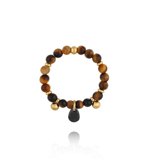 Tigers Eye & Agate Stones Elastic Ring with Crystal 0769