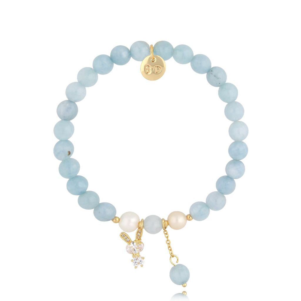 Aquamarine Stones and Pearls Bracelet with Crystal Bunny and Pendant