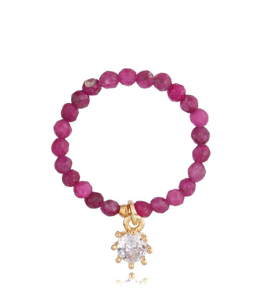 Faceted Ruby Stones Elastic Ring with Zirconium Flower