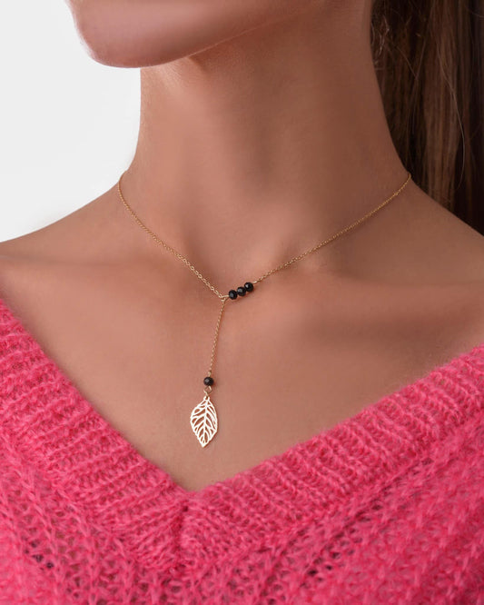 14k Gold Plated Leaf Lariat Necklace with Black Crystals