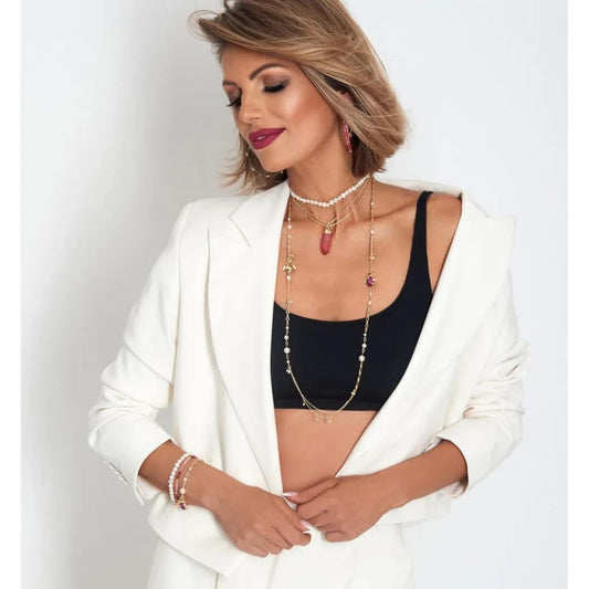 Midnight Forest Long Necklace with Pink Beetles and Pearls