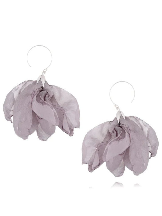 Gray Silk Tulip Flower Earrings with Silver Finishing