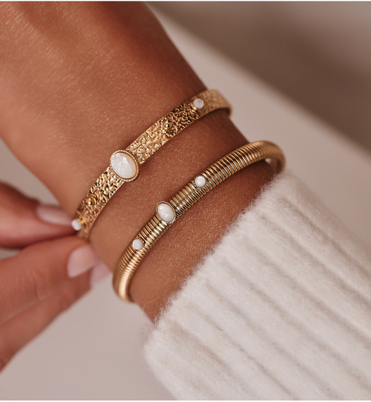 Gold Plated Earth Song Snake Elastic Bracelet with Pearls 0030