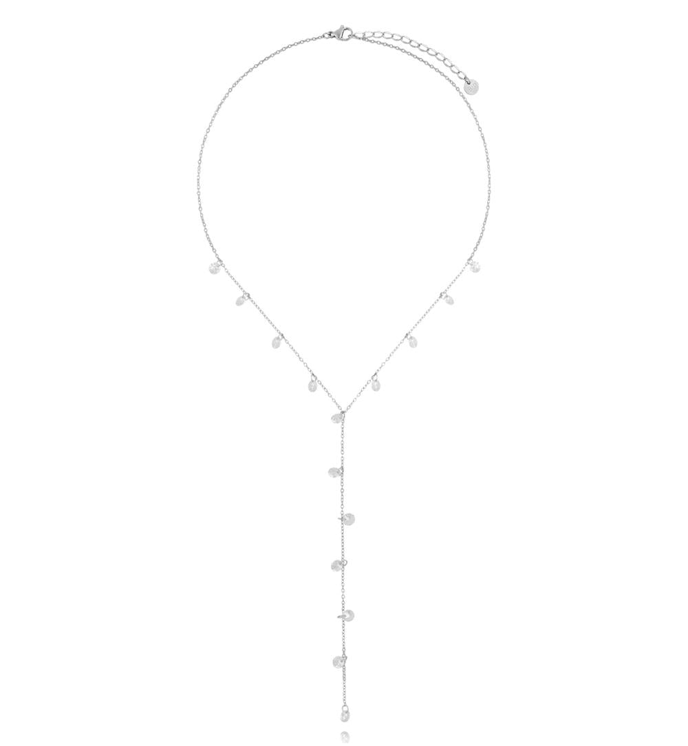 Silver Lariat Necklace with Shining Transparent Crystals 0602