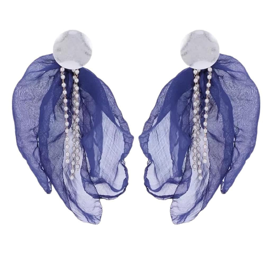 Navy with Silver Finishing Silk Blossom Earrings