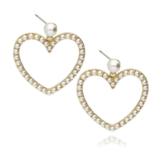 Gold Heart Earrings with White Pearls