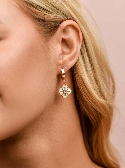 14k Gold Plated White Pearl Clover Hoop Earrings