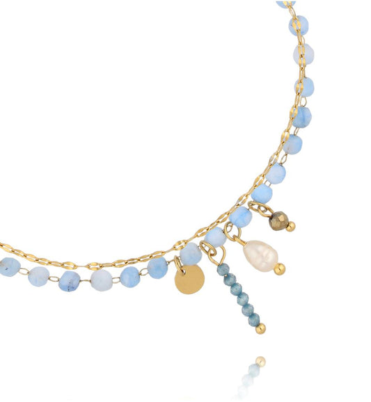 Gold Plated Double Chain Anklet with Blue Jadeite & Pendants Paradise
