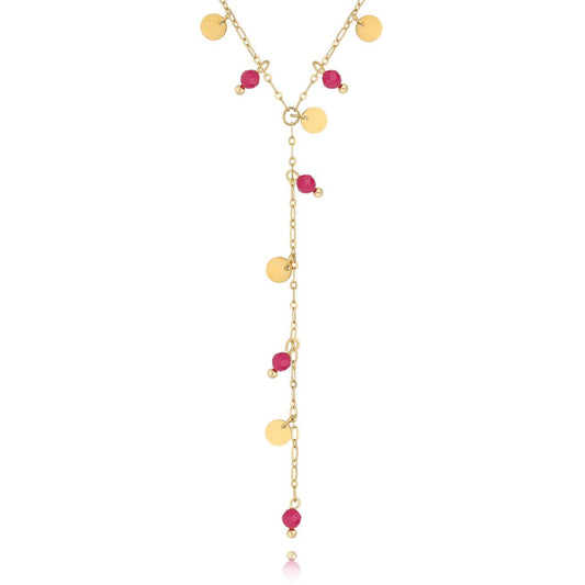 Gold Plated Fuchsia Y Necklace with Gold Discs Incantatio