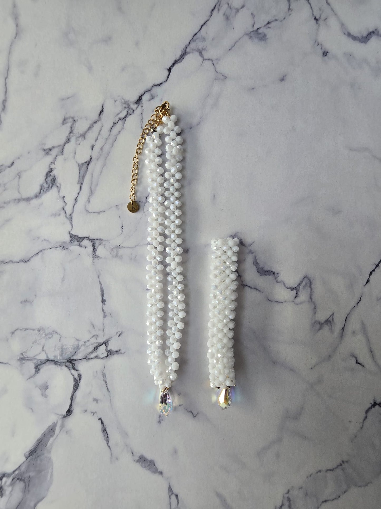 3 Row Glamour White Luminous Crystals Choker with Swarovski Crystal Teardrop