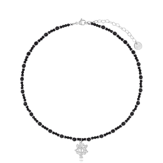 Black Tourmaline Stones Necklace with Silver Zircon Tree of Life