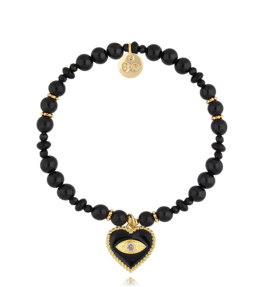 Black Agate & Tourmaline Bracelet with Heart and Eye