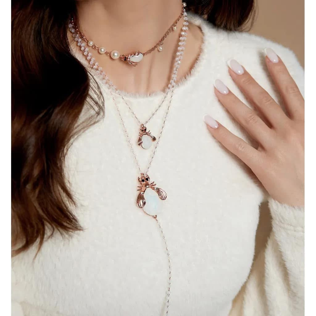 Double Rose Gold Chain Necklace with Milk White Beetle and Pearls