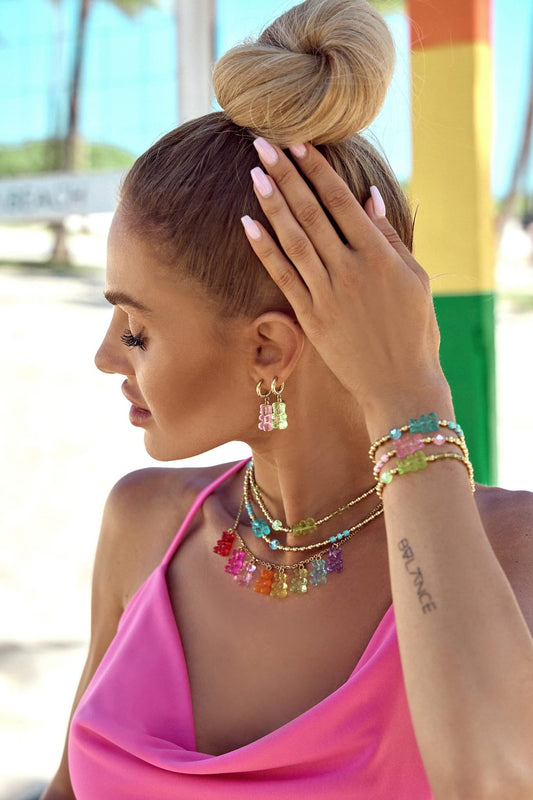 Gold Plated Balls Bracelet with Green Bear