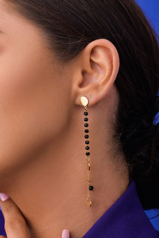 14k Gold Plated Double Chain Earrings with Black Crystals and Flat Discs (CL)