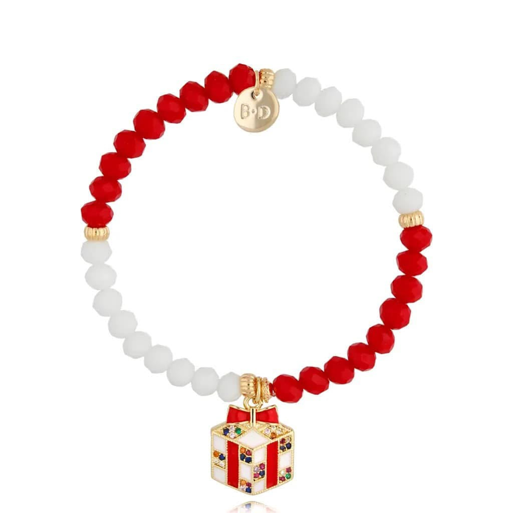 Twinke Holiday Red and White Glass Crystals Bracelet with From Santa Gift Pendant
