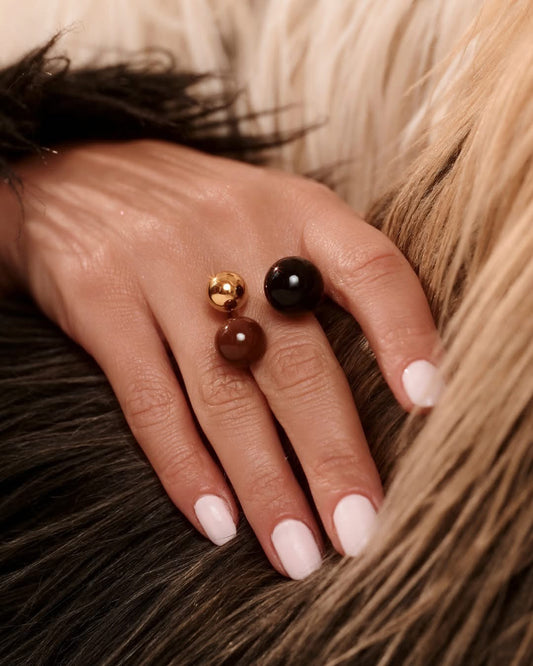 Steel and Shine Enamel Chocolate and Black Balls Ring 1106