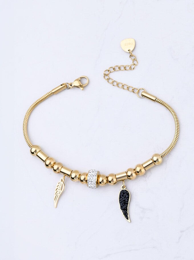 14k Gold Plated Statement Bracelet with Crystals Charm and Angel Wings s10843