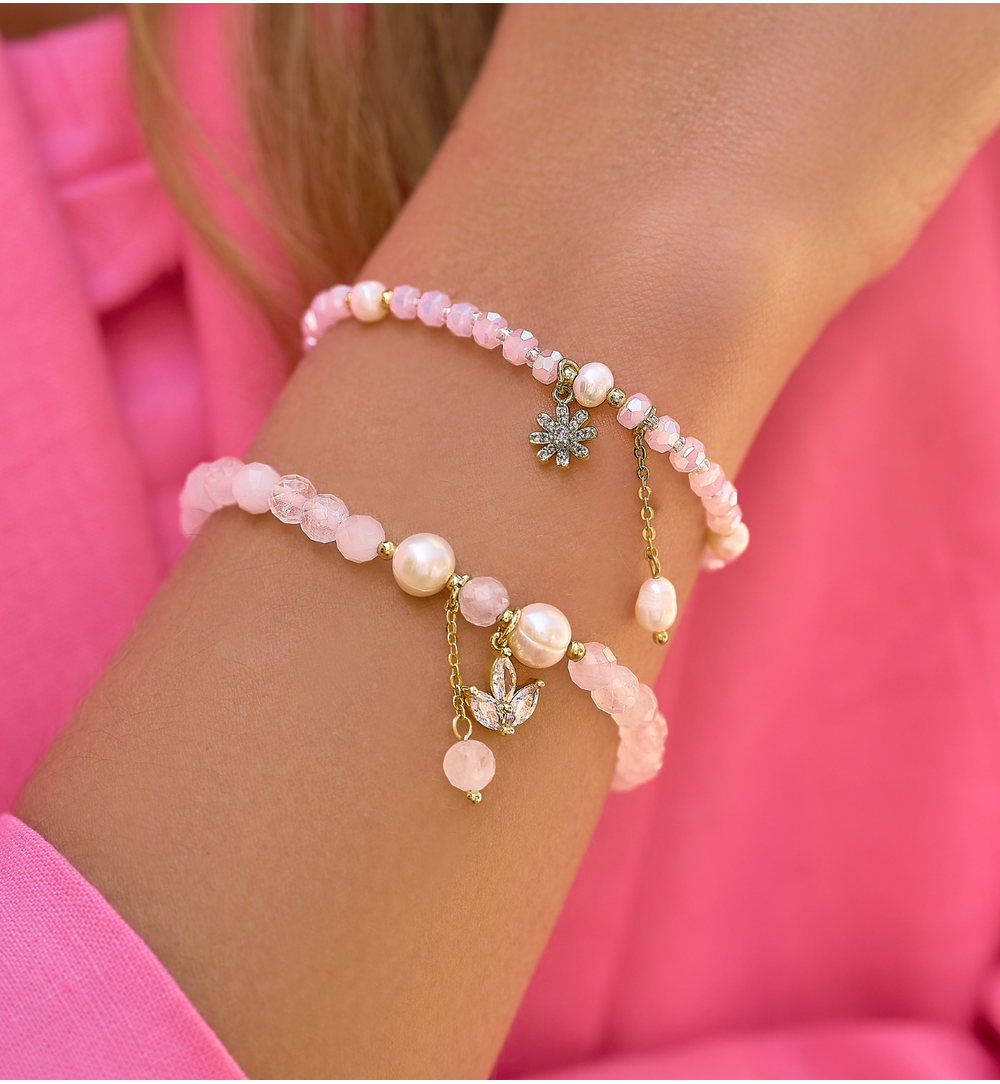 Pink Crystals Elastic Bracelet with Pearl and Flower 2644