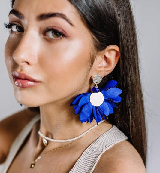 Satin Flower Earrings in Royal Blue with Gold Finishing