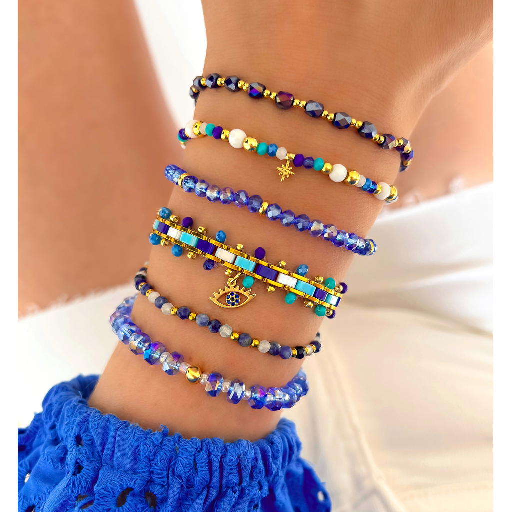 Blue & Turquoise Miyuki Beads Bracelet with Marigold Eye Pendant